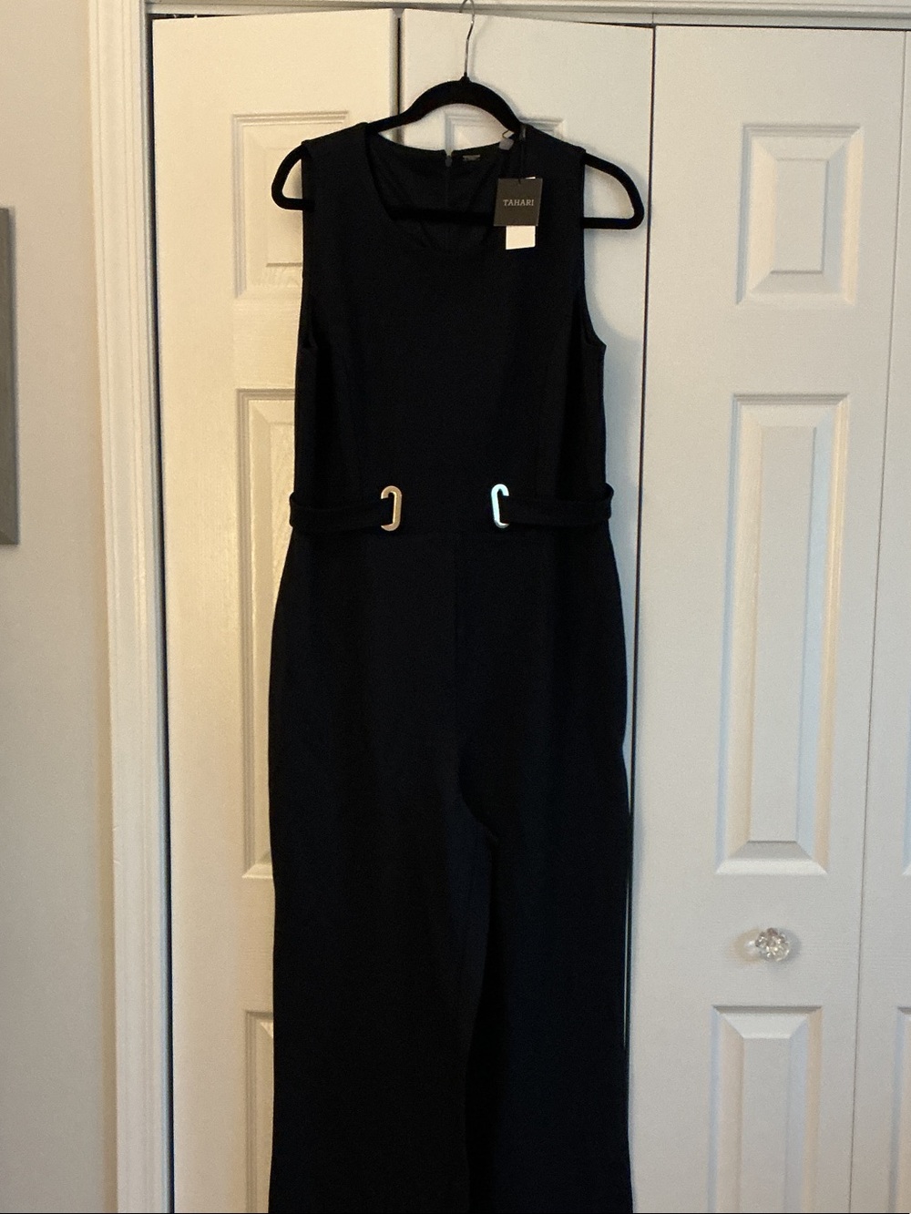 Tahari Black Sleeveless Wide-Leg Jumpsuit with Buckle Detail